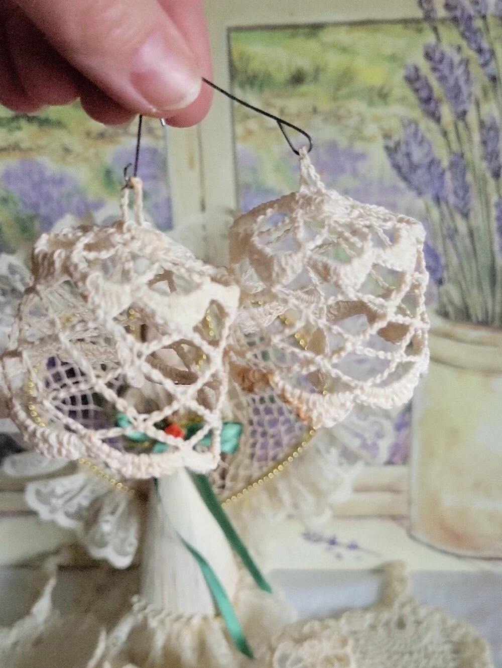 Handmade Corn Husk Angel Figurine & Crochet Lace Ornaments Doilies Lot
